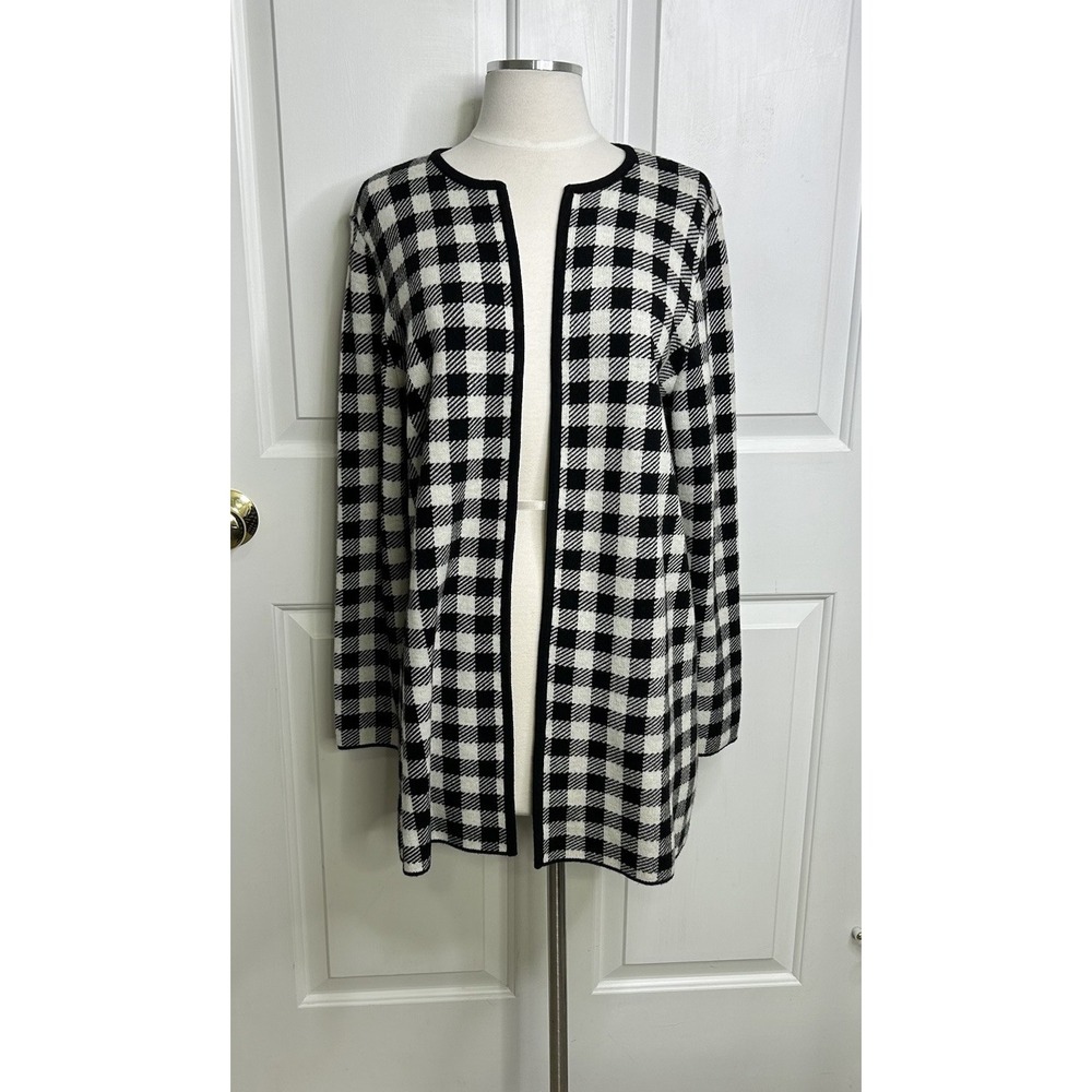 Talbots Open Front Sweater Jacket Black White Buffalo Check Wool Blend Womens LP